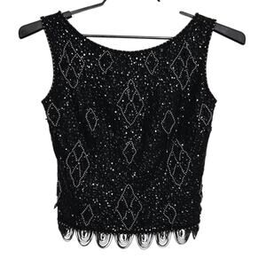 Vintage Helen Wong Wool Top Size Small Sleeveless Beaded Jeweled Sequined Black